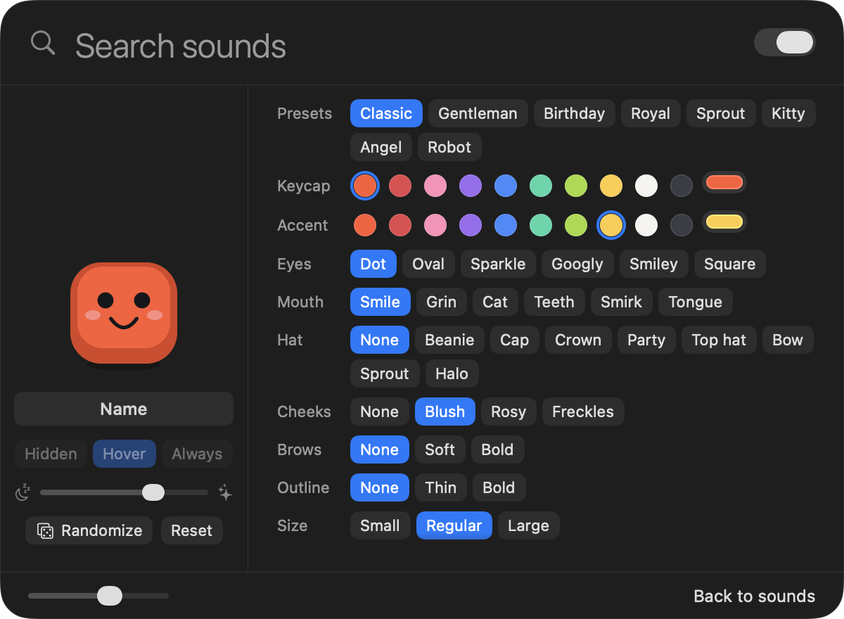 The pet page of the Teclo window: a preview of the pet with a name field, and rows of presets, colours, eyes, mouths, hats, cheeks, brows, outlines and sizes.