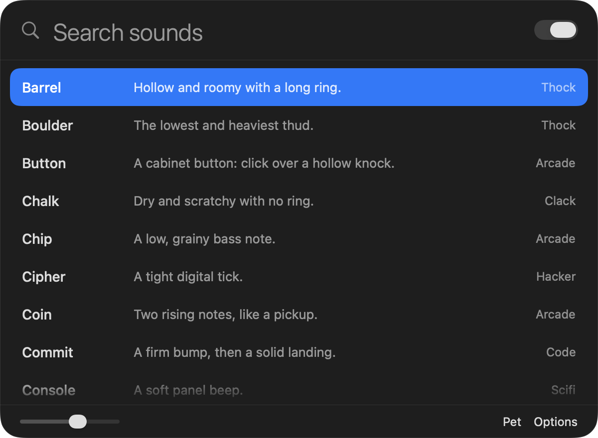 The Teclo window in dark mode: a search field, a list of sound packs with the Barrel pack selected, a volume slider, and buttons for the pet and the options.